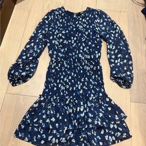Aqua Navy Blue Floral Smocked Waist Long-Sleeve Dress